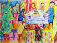 Латкина Саша, 9 лет, Праздничный пирог, масляная пастель, А2