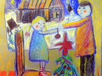Пинегина Лиза, 10 лет, Наряжаем ёлку с папой, масляная пастель, А2